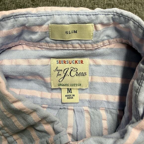 J Crew Slim Fit Seersucker Shirt Mens Medium Pink/Blue Striped Button Down - Picture 2 of 5